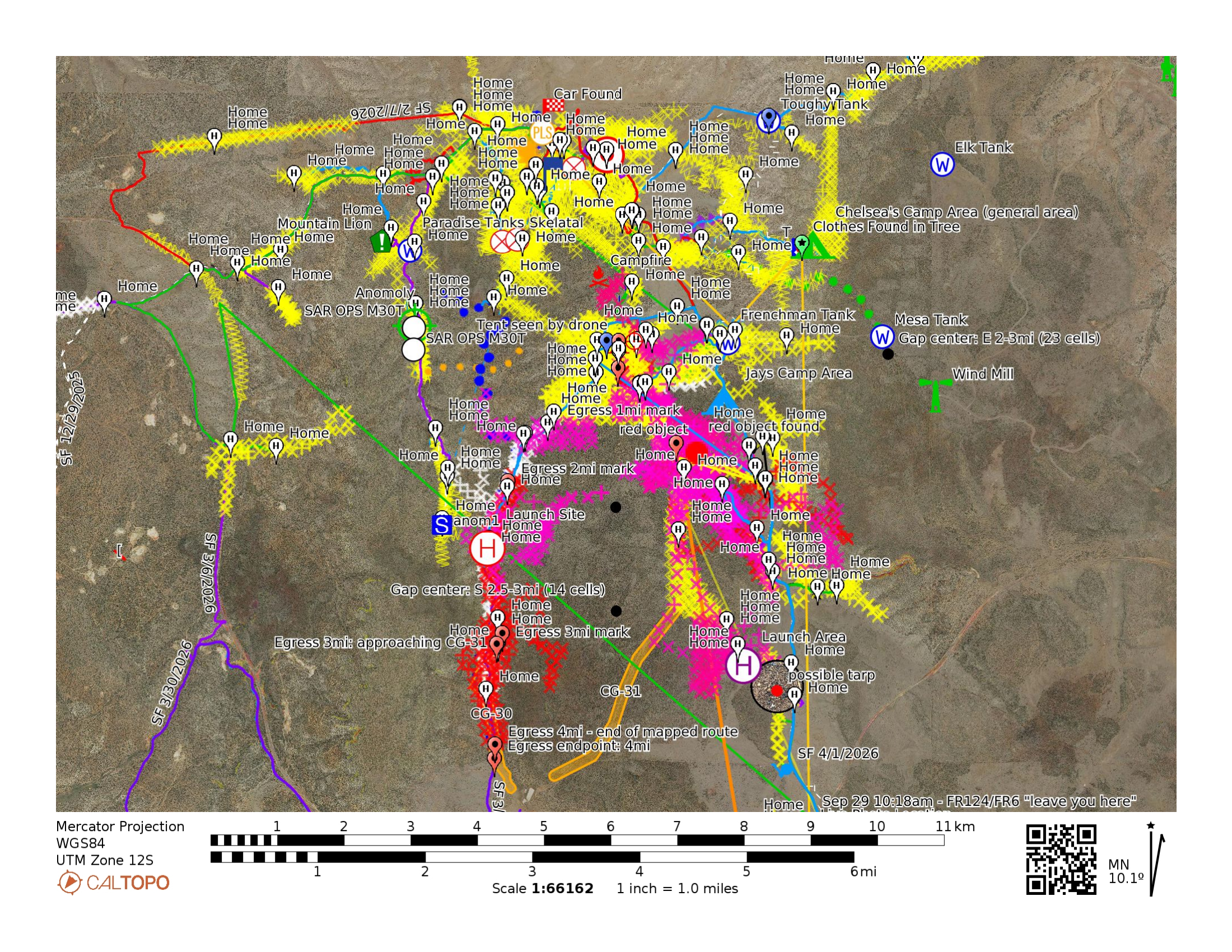 Search area map showing tracked routes, markers, and coverage across the Coconino County search area
